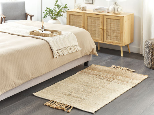 Teppich Jute sandbeige 80 x 150 cm geometrisches Muster Kurzflor HAMZALAR