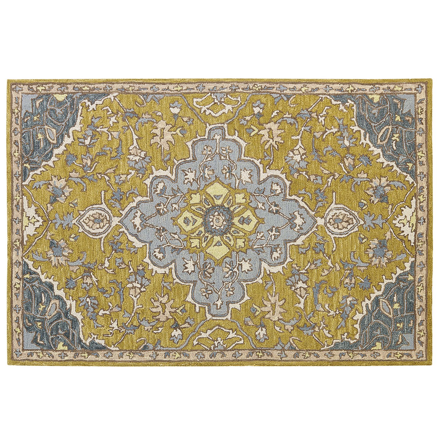 Teppich Wolle gelb / blau 140 x 200 cm orientalisches Muster Kurzflor MUCUR