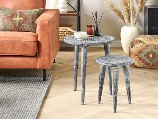 Beistelltisch 2er Set Mangoholz grau rund JATRA