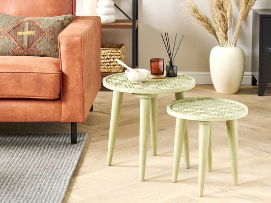 Beistelltisch 2er Set Mangoholz hellgrün rund MAHARO