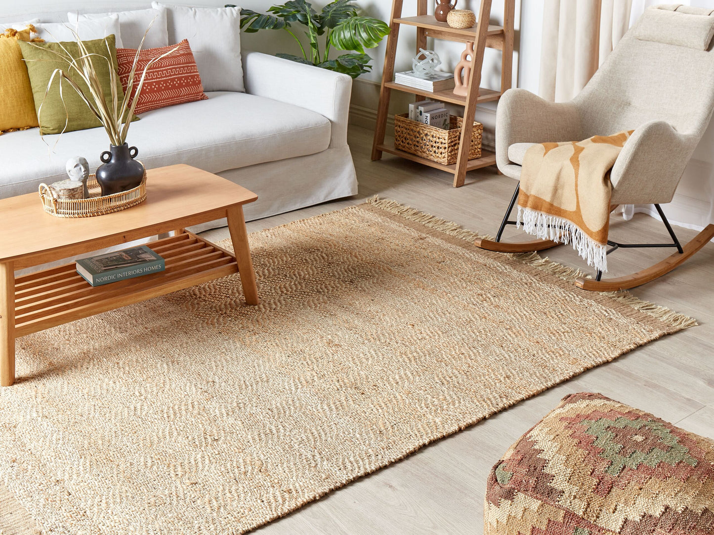 Teppich Jute beige geometrisches Muster 140 x 200 cm Kurzflor ABANA