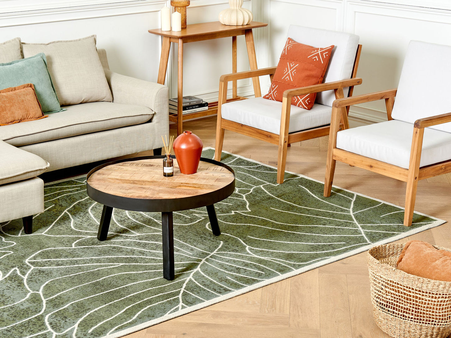 Teppich Baumwolle grün 200 x 300 cm Blattmuster Kurzflor SARMIN