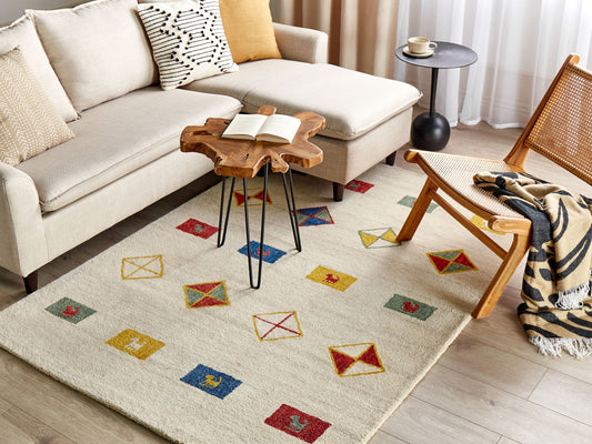 Gabbeh Teppich Wolle beige 140 x 200 cm geometrisches Muster Hochflor MISINLI