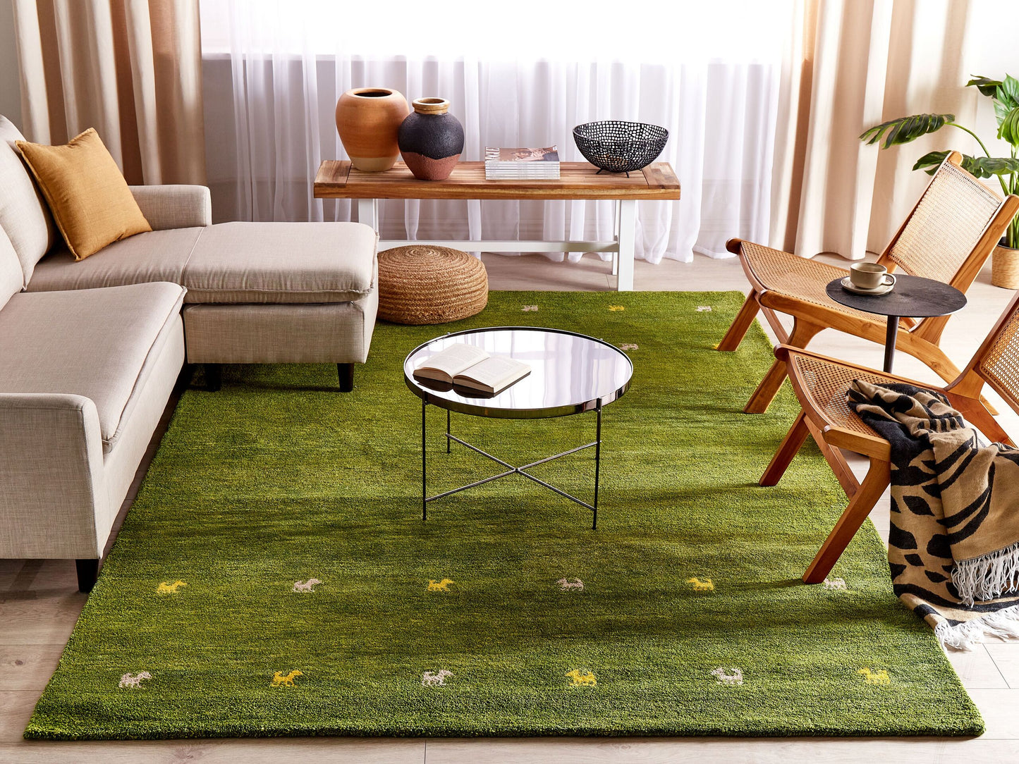 Gabbeh Teppich Wolle grün 200 x 300 cm Tiermuster Hochflor YULAFI