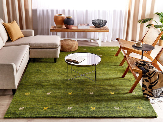 Gabbeh Teppich Wolle grün 200 x 300 cm Tiermuster Hochflor YULAFI