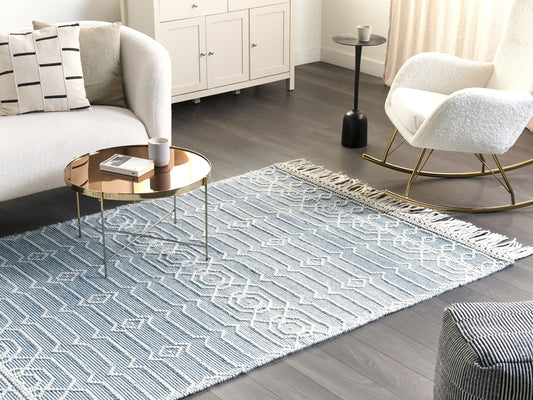 Teppich Wolle blau / weiss 160 x 230 cm Fransen Kurzflor ORHANELI