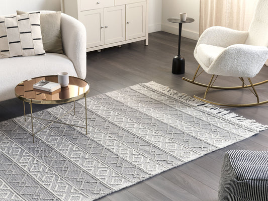Teppich Wolle grau / weiss 160 x 230 cm Fransen Kurzflor TONYA