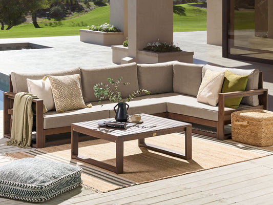 Lounge Set Akazienholz dunkelbraun 4-Sitzer linksseitig modular Auflagen taupe TIMOR II