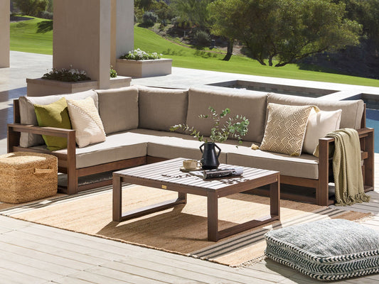 Lounge Set Akazienholz dunkelbraun 4-Sitzer rechtsseitig modular Auflagen taupe TIMOR II