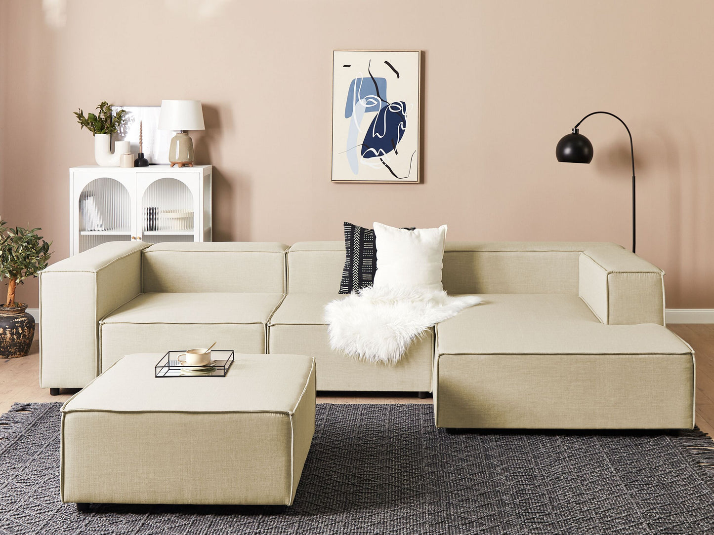3-Sitzer Ecksofa Leinen beige linksseitig mit Ottomane APRICA