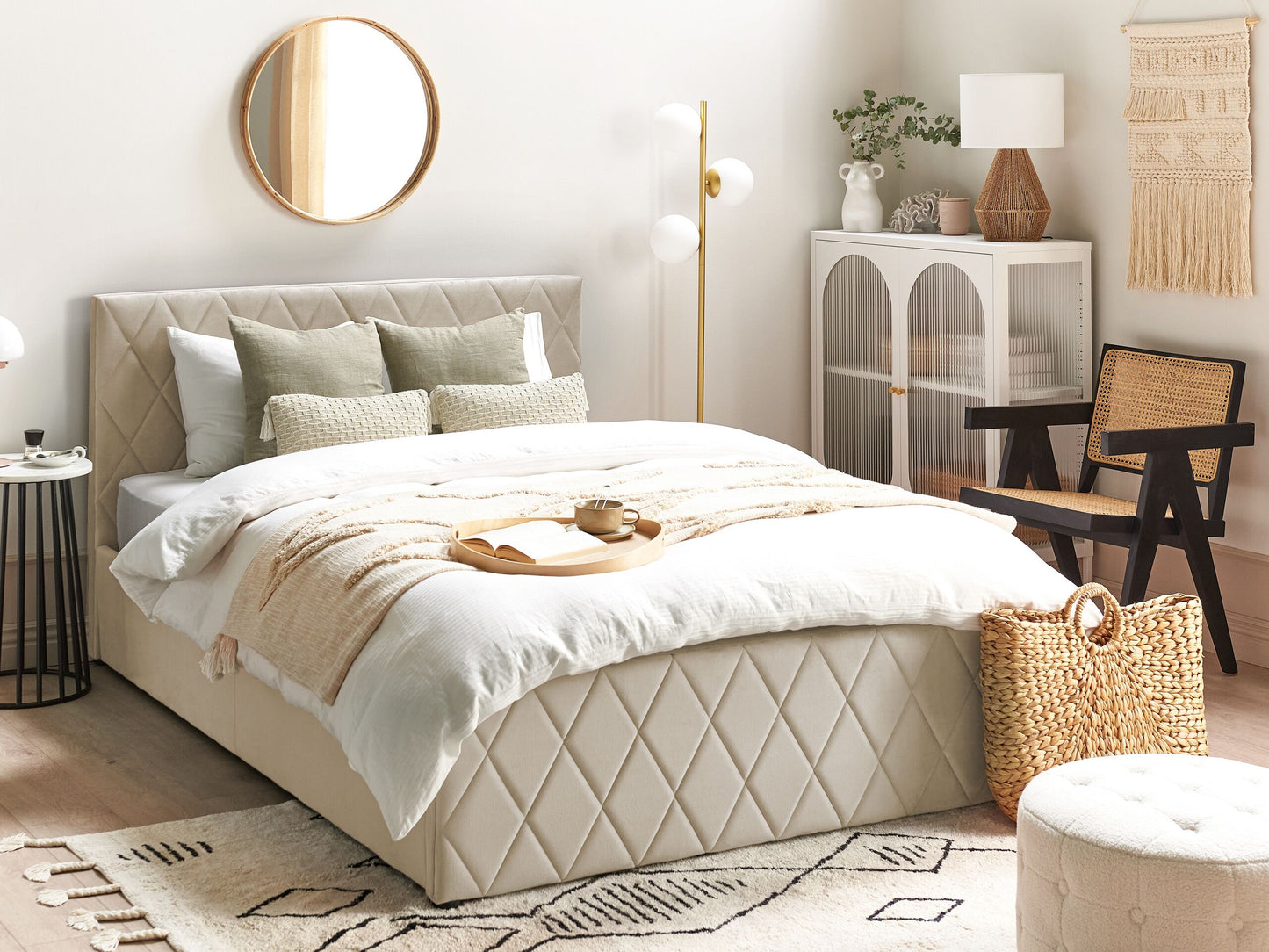 Bett mit Stauraum Samtstoff ROCHEFORT 140 x 200 cm Beige