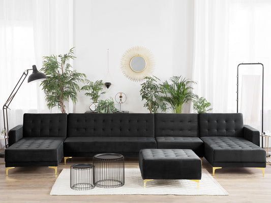 Wohnlandschaft Samtstoff schwarz mit Ottomane ABERDEEN