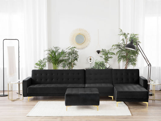 Modulsofa Samtstoff Schlaffunktion schwarz linksseitig Ottomane ABERDEEN