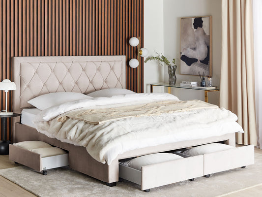 Bett mit Schubladen Samtstoff LIEVIN 180 x 200 cm Beige