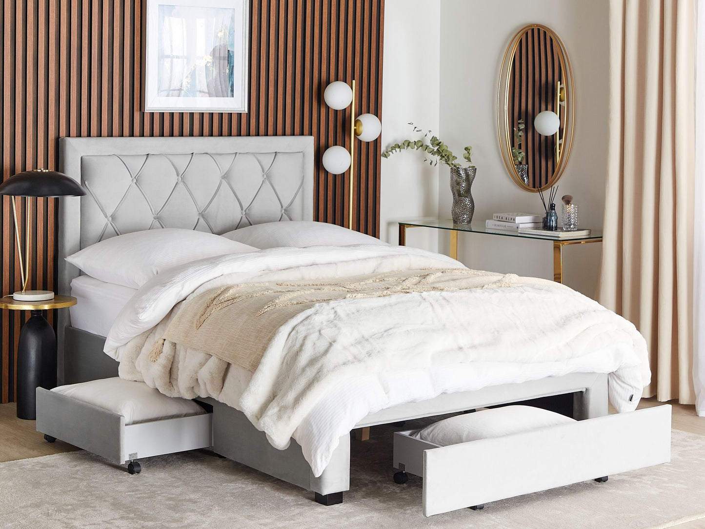 Bett mit Schubladen Samtstoff LIEVIN 140 x 200 cm Hellgrau