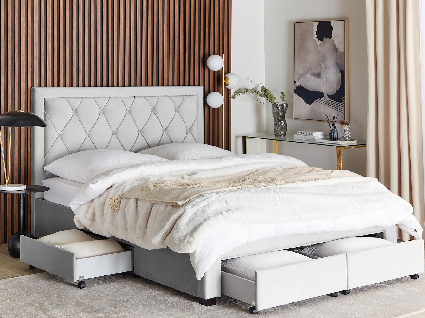 Bett mit Schubladen Samtstoff LIEVIN 160 x 200 cm Hellgrau