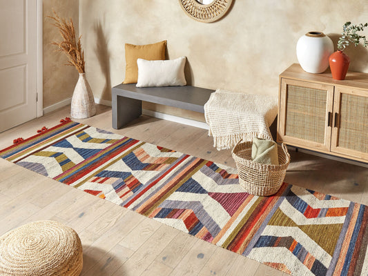 Kelim Teppich Wolle mehrfarbig 80 x 300 cm geometrisches Muster Kurzflor MRGASHAT