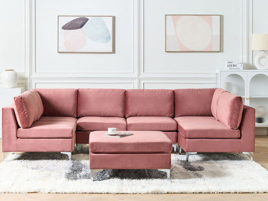 Wohnlandschaft U-förmig Samtstoff rosa mit Ottomane 6-Sitzer EVJA