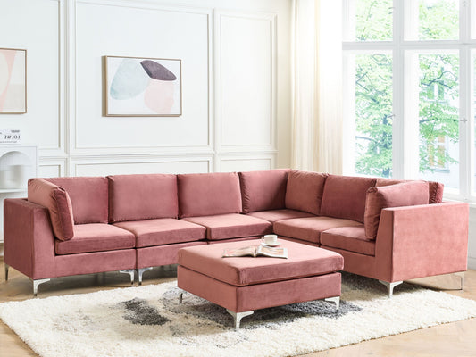6-Sitzer Ecksofa Samtstoff rosa linksseitig mit Ottomane EVJA