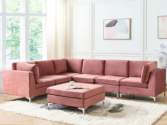 6-Sitzer Ecksofa Samtstoff rosa rechtsseitig mit Ottomane EVJA