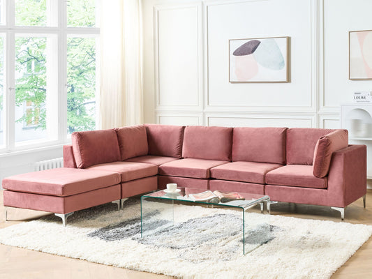 5-Sitzer Ecksofa Samtstoff rosa rechtsseitig mit Ottomane EVJA