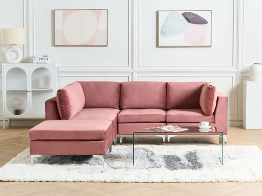 4-Sitzer Ecksofa Samtstoff rosa rechtsseitig mit Ottomane EVJA