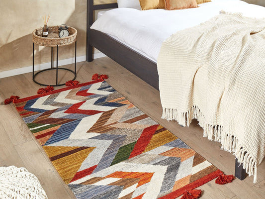Kelim Teppich Wolle mehrfarbig 80 x 150 cm ZickZack Muster Kurzflor KANAKERAVAN