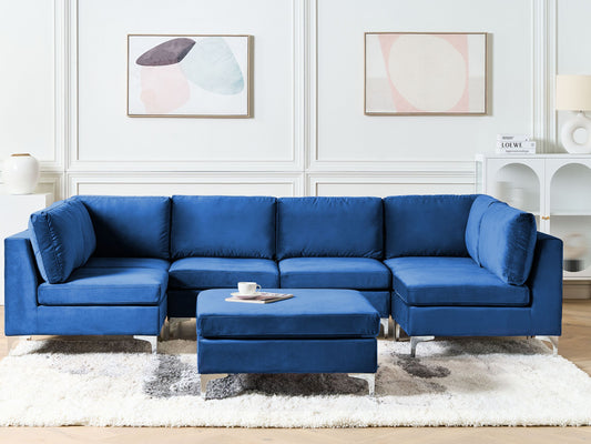 Wohnlandschaft U-förmig Samtstoff marineblau mit Ottomane 6-Sitzer EVJA