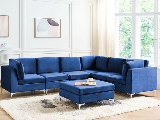 6-Sitzer Ecksofa Samtstoff marineblau linksseitig mit Ottomane EVJA