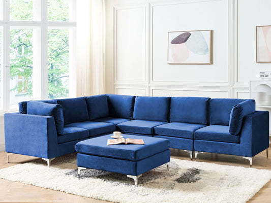 6-Sitzer Ecksofa Samtstoff marineblau rechtsseitig mit Ottomane EVJA