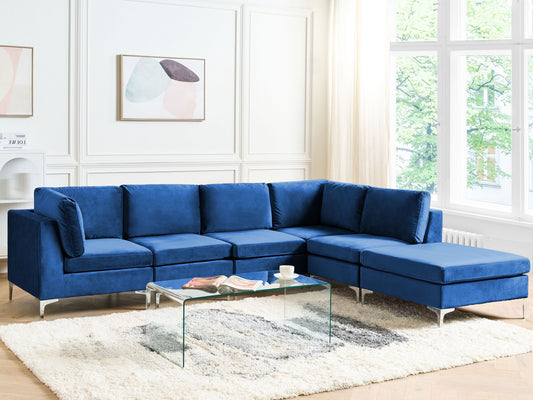 5-Sitzer Ecksofa Samtstoff marineblau linksseitig mit Ottomane EVJA