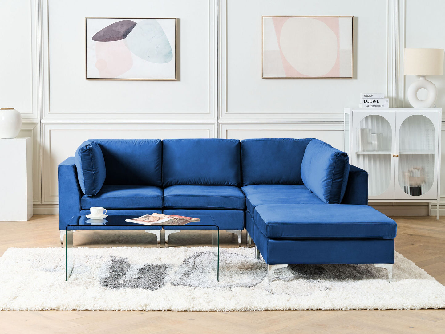 4-Sitzer Ecksofa Samtstoff marineblau linksseitig mit Ottomane EVJA