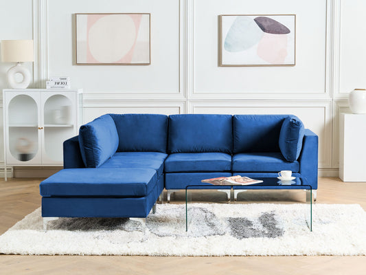 4-Sitzer Ecksofa Samtstoff marineblau rechtsseitig mit Ottomane EVJA