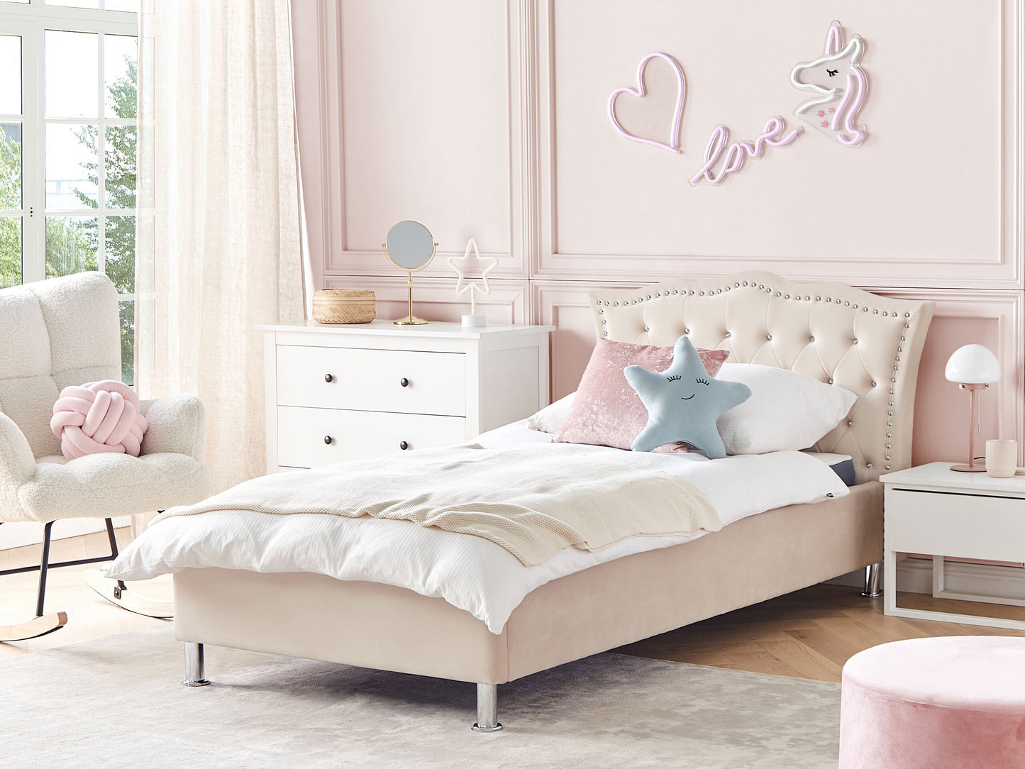 Bett mit Stauraum Samtstoff METZ 90 x 200 cm Beige