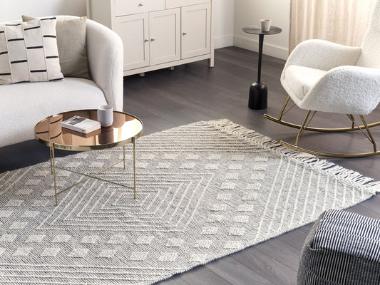 Teppich Wolle grau / weiss 160 x 230 cm geometrisches Muster Kurzflor SAVUR