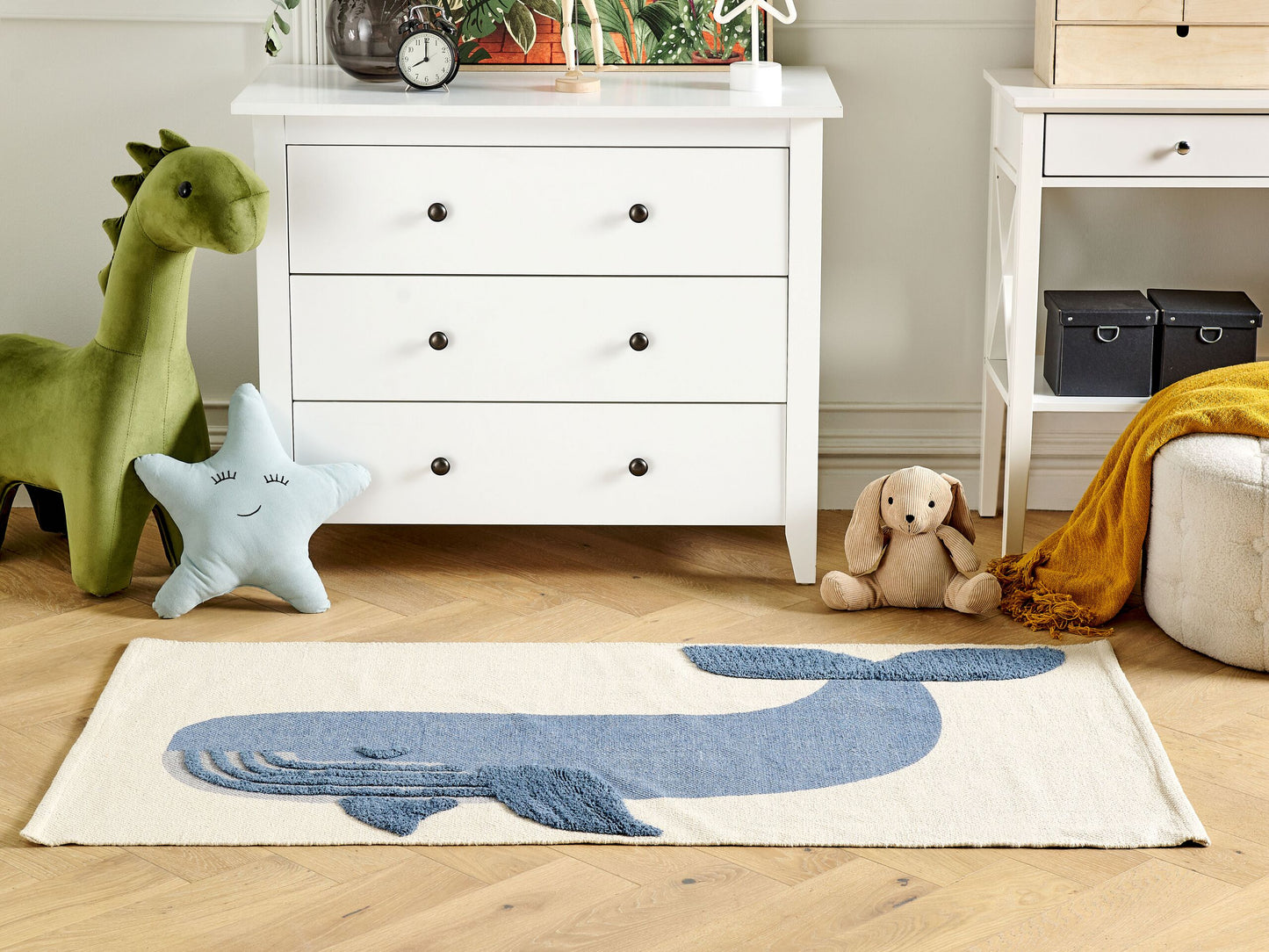 Kinderteppich Baumwolle beige / blau 80 x 150 cm Wal-Motiv SELAI