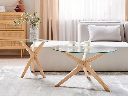 Couchtisch 2er Set Glas transparent / hellbraun rund VALLEY