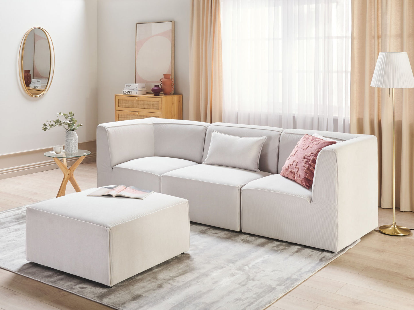 3-Sitzer Sofa Cord cremeweiss mit Ottomane LEMVIG