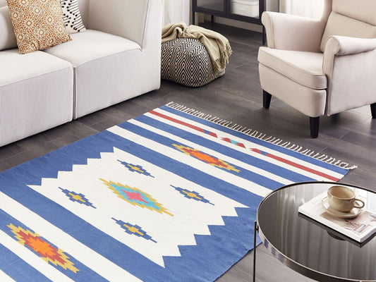 Kelim Teppich Baumwolle mehrfarbig 140 x 200 cm geometrisches Muster Kurzflor VARSER