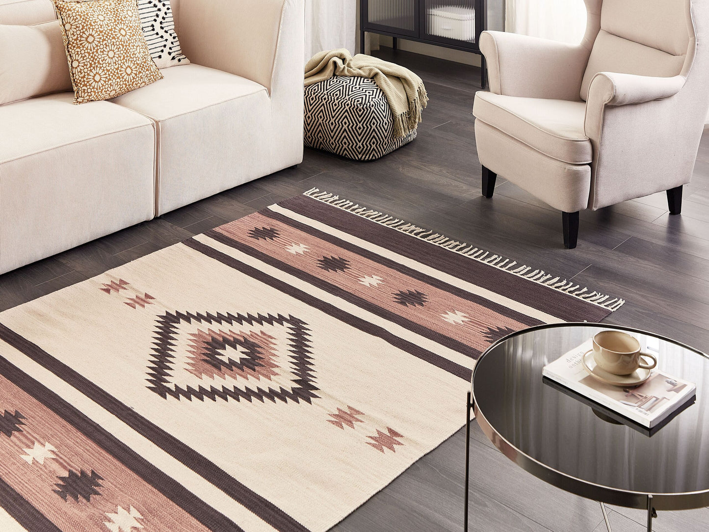 Kelim Teppich Baumwolle beige / braun 140 x 200 cm geometrisches Muster Kurzflor ARAGATS