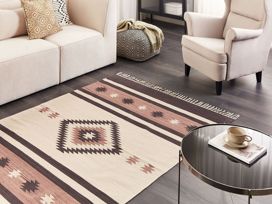 Kelim Teppich Baumwolle beige / braun 140 x 200 cm geometrisches Muster Kurzflor ARAGATS