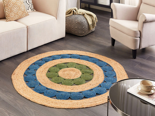 Teppich Jute blau / grün ⌀ 140 cm Kurzflor HOVIT