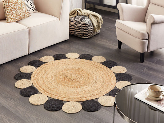 Teppich Jute natürlich / schwarz ø 140 cm Kurzflor zweiseitig VOSTAN