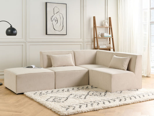 3-Sitzer Ecksofa Cord hellbeige linksseitig mit Ottomane LEMVIG