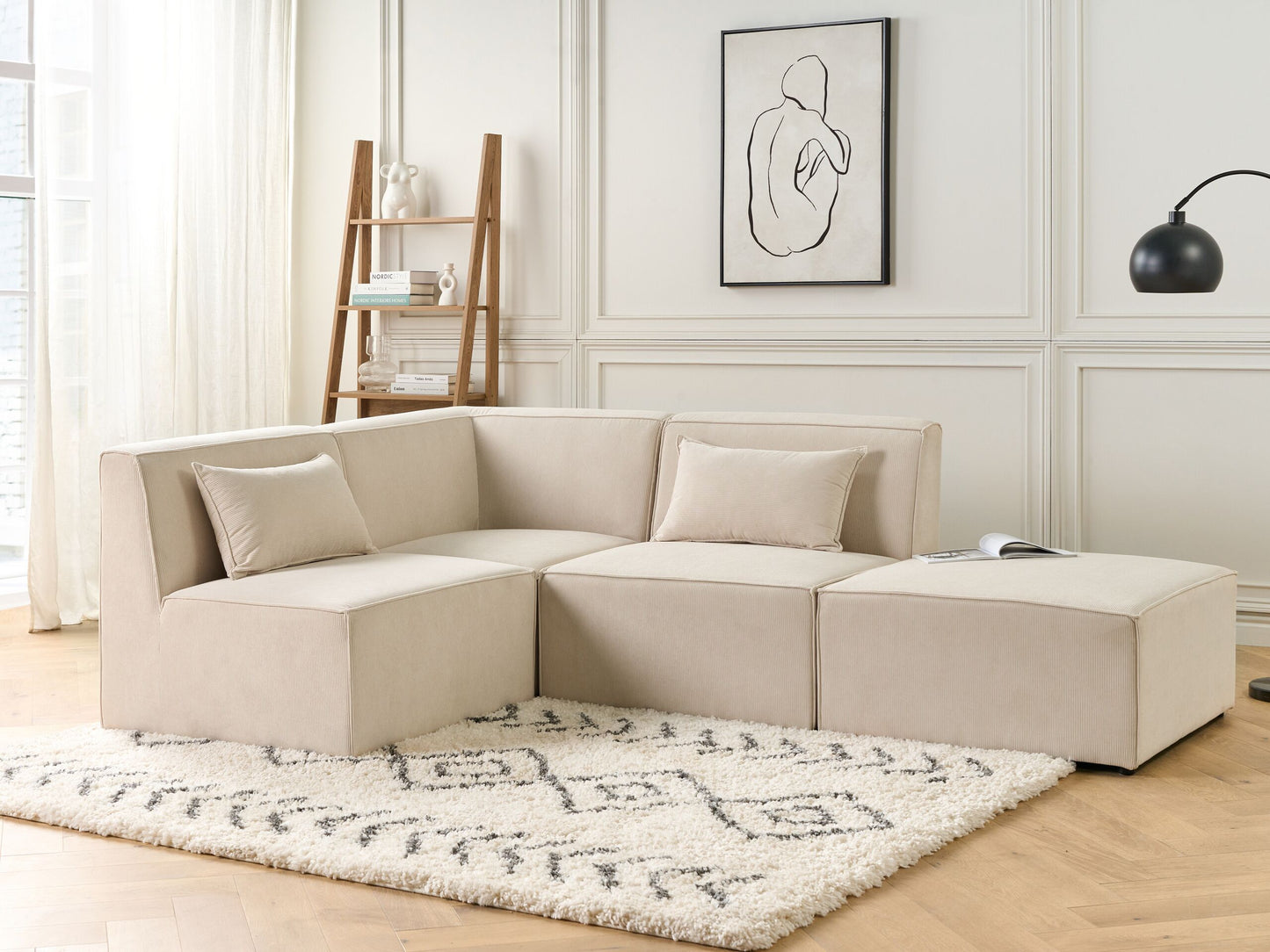 3-Sitzer Ecksofa Cord hellbeige rechtsseitig mit Ottomane LEMVIG