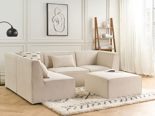 4-Sitzer Ecksofa Cord hellbeige rechtsseitig mit Ottomane LEMVIG