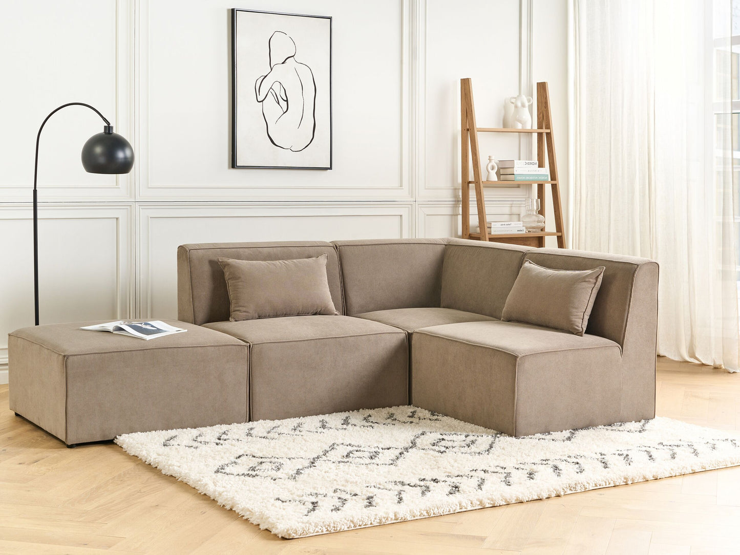 3-Sitzer Ecksofa Cord taupe linksseitig mit Ottomane LEMVIG