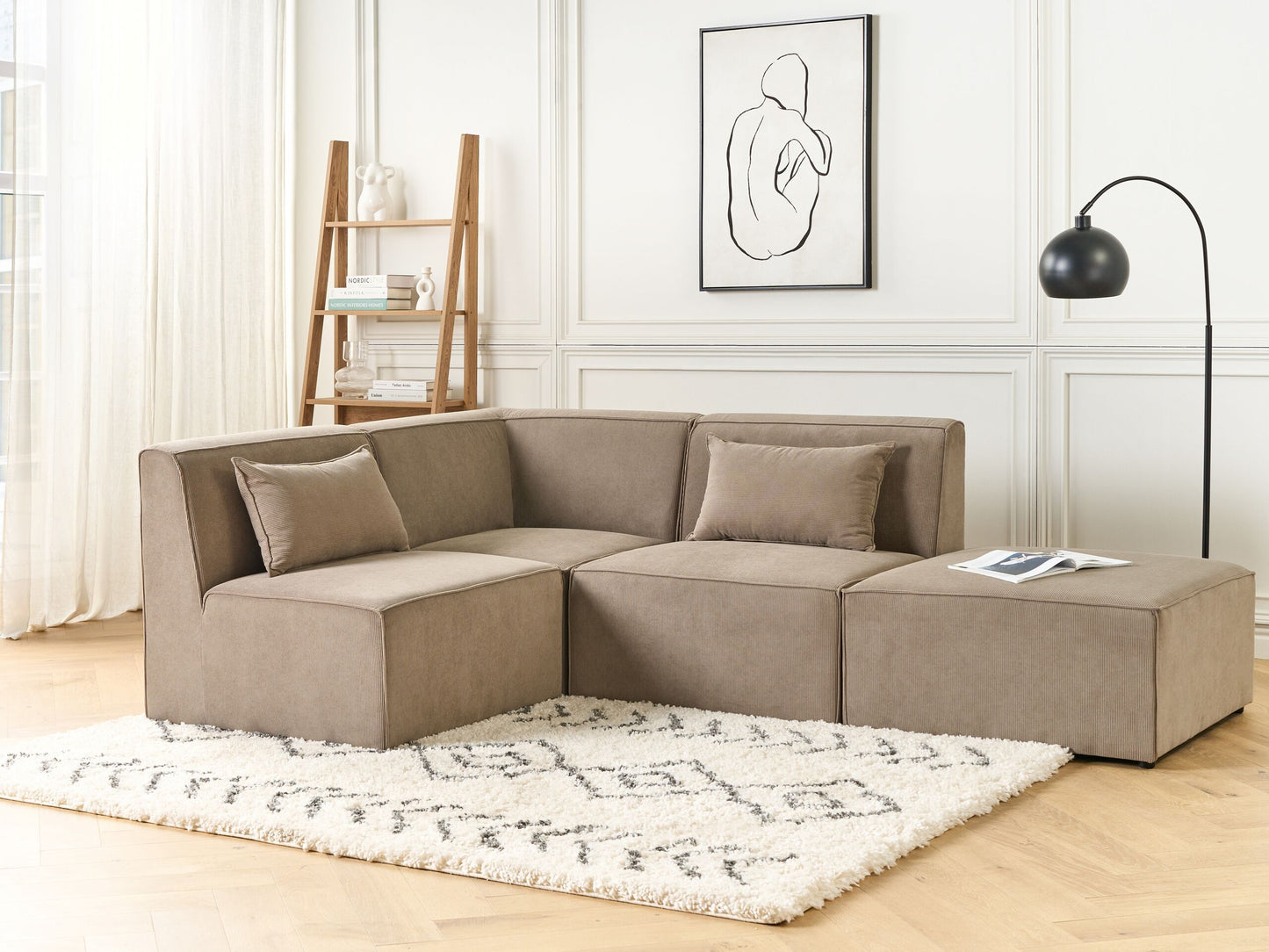 3-Sitzer Ecksofa Cord taupe rechtsseitig mit Ottomane LEMVIG