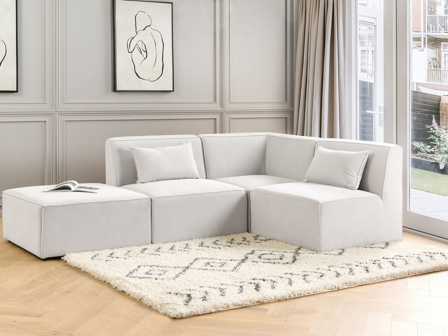3-Sitzer Ecksofa Cord cremeweiss linksseitig mit Ottomane LEMVIG