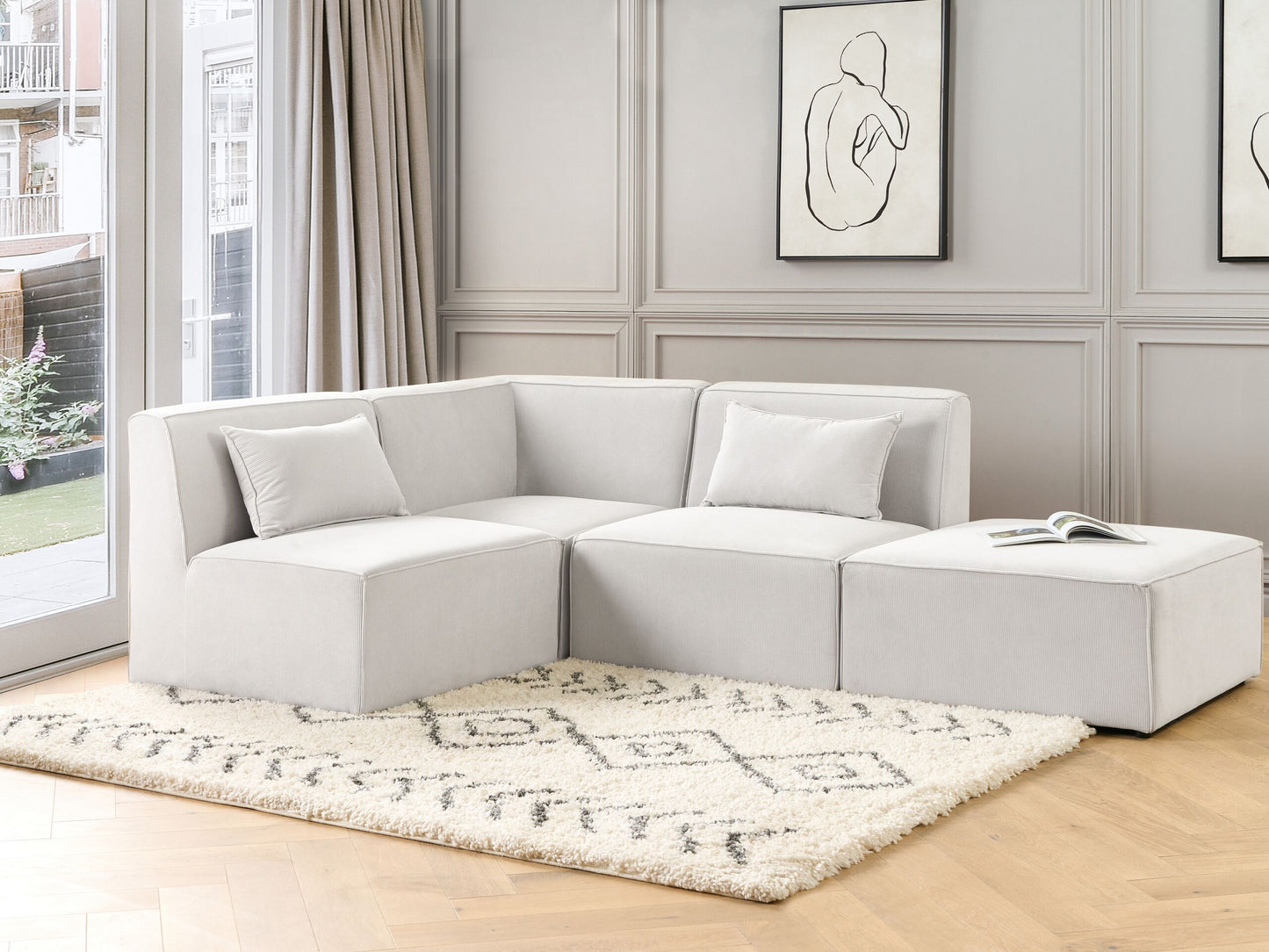 3-Sitzer Ecksofa Cord cremeweiss rechtsseitig mit Ottomane LEMVIG